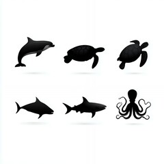 Fototapeta premium Silhouettes of Marine Animals Including Dolphin, Whale, and Octopus