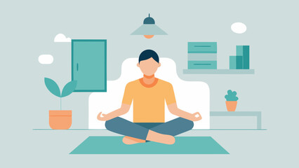Fototapeta premium Man meditating in lotus position at home interior