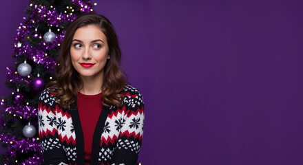 Woman in christmas sweater with snowflake pattern and red lipstick near purple christmas tree. Holiday winter celebration for new year party and christmas festive season festive glamour