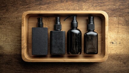 Four dark rectangular bottles with varying dispensers, nestled within a light brown rectangular wooden tray, rest on a dark wood surface