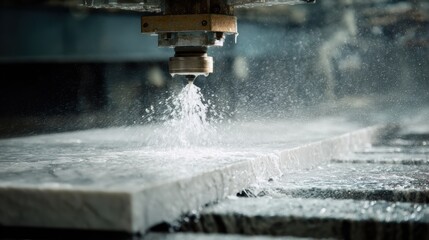 countertop fabricator cutting granite or quartz slab with water jet 
