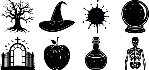 Black and white halloween vector silhouette set with spooky icons.