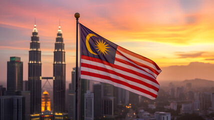 Naklejka premium Malaysia flag proudly waving against a colorful sunset sky with the iconic Kuala Lumpur skyline in the background.