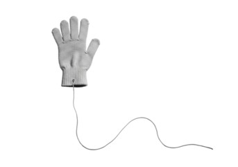 Worn transparent soft-knit glove with long unraveled thread on seamless transparent background, studio lighting, precise product photo concept of subtle narrative and departure