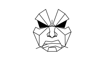 Fierce geometric mask with an angry expression created with minimalist black polygonal line art.
