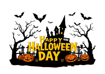 Cheerful Happy Halloween Day Silhouette Vector Illustration with Cute Smiling Pumpkins, Bats, and a Friendly Ghost House on a Transparent Background.