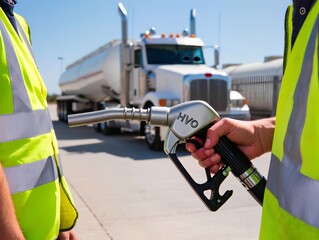 Close-up of HVO nozzle in worker's hand, reflective safety vest, blurred tanker truck in background, sunny industrial yard