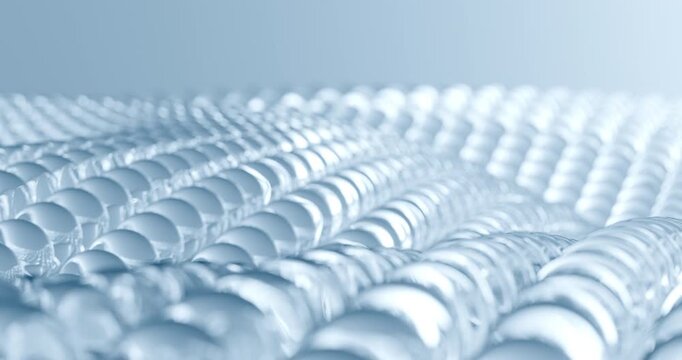 abstract animation of nutrients transforming into waves of serum, collagen, and protective body cream droplets, water droplets in motion
