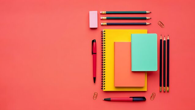 Vibrant and organized school stationery including notebooks, pencils, and pens on a vivid coral pink background.