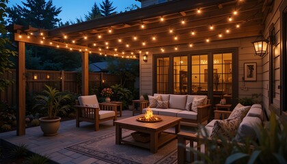 Cozy Outdoor Patio with String Lights and Wooden Furniture for Evening Home Decor