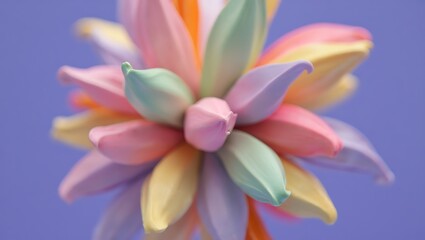 Fototapeta premium Vibrant abstract flower-like form with soft pastel petals radiating on a smooth lavender background, symbolizing gentle beauty.