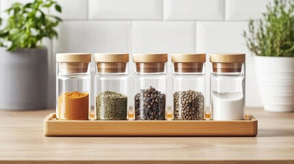 A meticulously organized spice rack displayed in a cozy kitchen setting featuring a collection of glass jars filled with various herbs and spices neatly arranged on a wooden tray