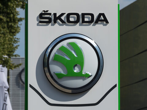 Bremen, Germany &ndash; August 10, 2025. Signage on pole identifying Skoda car dealership. Skoda is a Czech car manufacturer and subsidiary of Volkswagen AG: