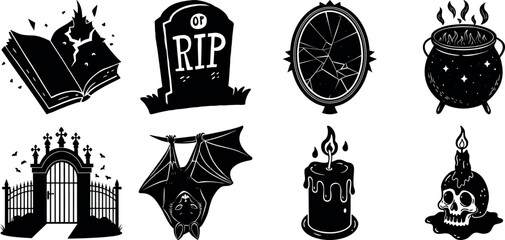 Fototapeta premium Black and white halloween vector silhouette set with spooky icons.