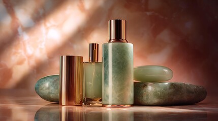 Elegant green beauty products arranged artistically with smooth stones on a warm, marble backdrop.