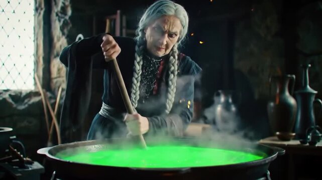 Witch Brewing a Magic Potion. Old Sorceress and Her Cauldron. Glowing Green Potion Spell