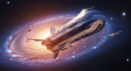 Obraz premium Futuristic Spacecraft Flying Through Galaxy with Bright Nebula and Stars