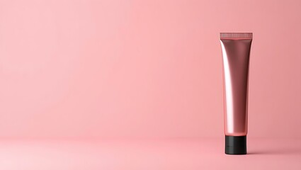 Modern Rose Gold Metallic Cosmetic Tube with Black Cap Isolated on a Soft, Gradient Pink Background for Skincare Product Display