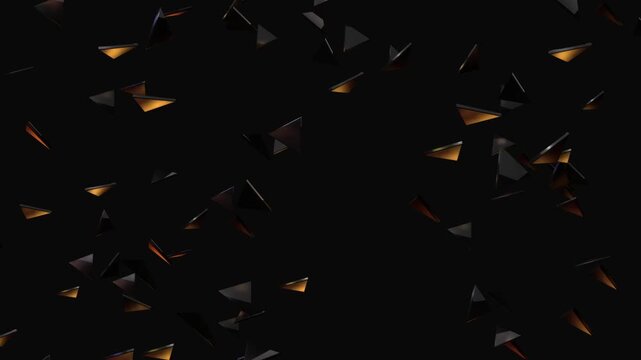 Frontal view of black reflective pattern of moving triangles separated with thin stripes, crystal abstract painting, tessellated waving mirror surface with strong specular.