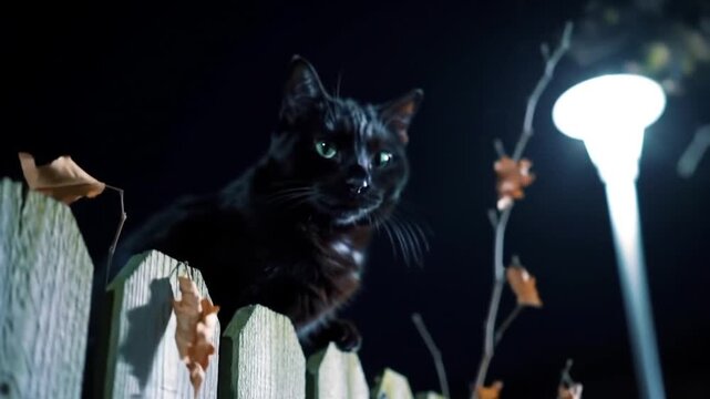 Spooky Black Cat on a Fence. Mysterious Cat at Night. Halloween Cat with Green Eyes
