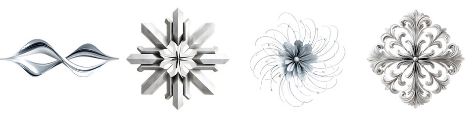 Abstract Silver Ornaments: Decorative Metal Elements on White