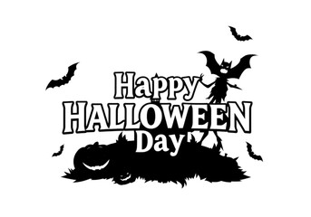 A cheerful 'Happy Halloween Day' silhouette vector illustration featuring a fun design of smiling pumpkins and flying bats on a transparent background.