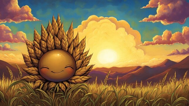 Cute wheat sun in a golden field at sunset