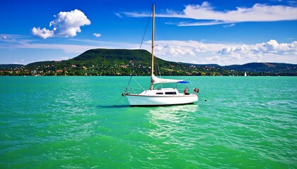 White sailboat anchored in turquoise lake with lush hills in the background.