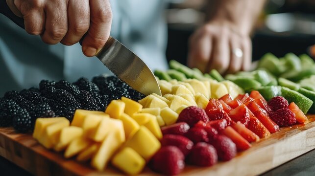 Freshly Sliced and Arranged Assortment of Colorful Fruits and Vegetables on a Wooden Board Creating a Visually Appealing and Nutritious Platter for Healthy Eating and Lifestyle Concepts