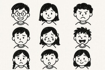 Doodle style school faces — various moods — monochrome line art
