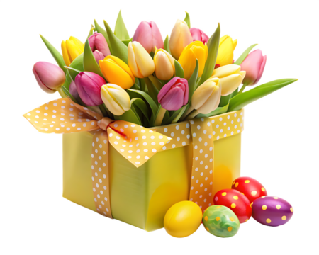 spring tulips with easter eggs in yellow gift box isolated on white background PNG , AI GENERATED - Powered by Adobe
