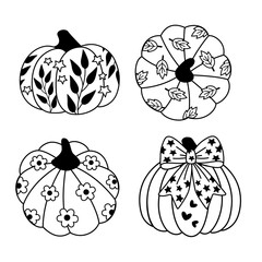 set of isolated outline cute retro groovy  pumpkins