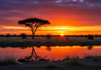 Fototapeta premium Tree silhouette reflecting in water at sunset