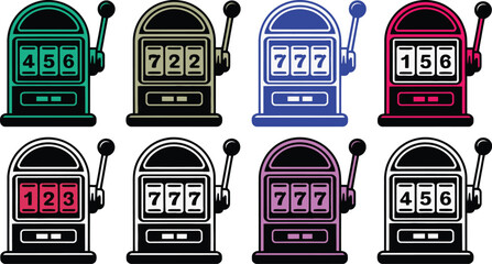 Collection of vintage slot machines with different colors and winning combinations