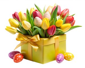 spring tulips with easter eggs in yellow gift box isolated on white background PNG , AI GENERATED