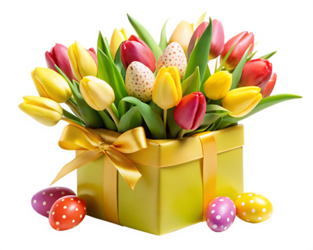 spring tulips with easter eggs in yellow gift box isolated on white background PNG , AI GENERATED