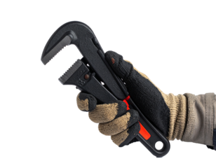 Worker’s Hand Holding Adjustable Pipe Wrench Isolated on White Background