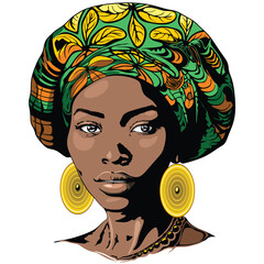Black Woman Beautiful Portrait  and wax fabric headwear vector illustration isolated on white  