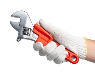 Worker’s Hand Holding Adjustable Pipe Wrench Isolated on White Background