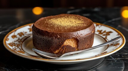 Premium chocolate soufflГ&copy; dessert topped with nutmeg sprinkle powder on fine dining bone china plate with floral pattern