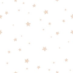 Watercolor-like Nursery Pattern. Hand-drawn Seamless Pattern Of A Starry Night Sky. Dreamy Whimsical Drawing With Beige Stars On A White Background. Magic Night Print. Simple Wallpaper With Stars.