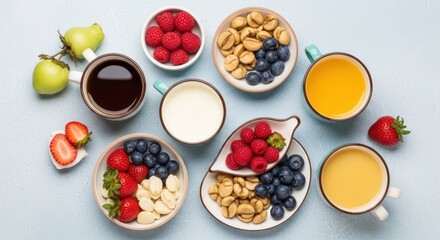 Healthy breakfast with berries, nuts, coffee and juice