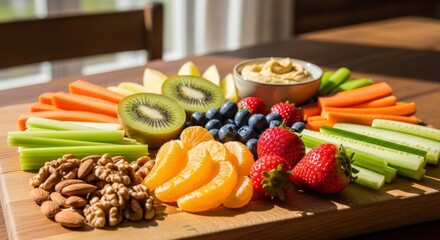 Healthy fruit and vegetable platter with hummus dip on wooden board