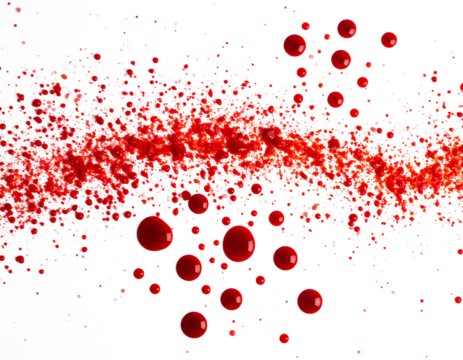 Red blood or paint flowing down on transparent background. Halloween, murder and horror concept. Red ink splash, splatter and stain.