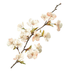 Delicate watercolor painting of a blossoming branch with soft peach and white flowers against a black background, isolated on a transparent background