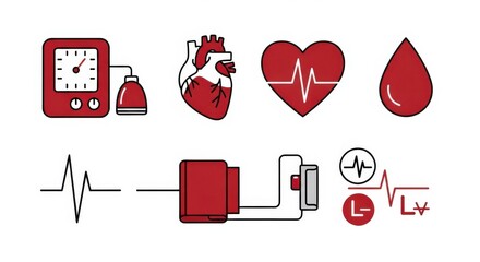 Collection of medical icons related to heart health and blood pressure monitoring