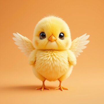 Lindo pollito amarillo con alas extendidas sobre fondo naranja