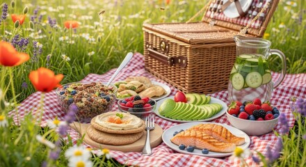 Delicious picnic spread with salmon, avocado, pancakes, and fruit in a meadow
