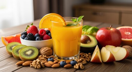 A refreshing glass of orange juice surrounded by fresh fruits and nuts