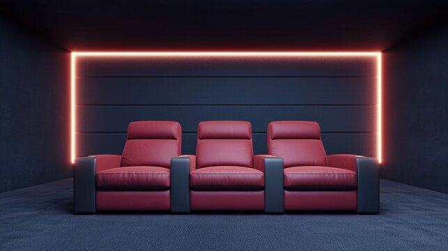 Lavish and Sophisticated Home Cinema with Opulent Velvet Seating Ambient Neon Lighting and a Minimalist Architectural Design for an Immersive Entertainment Experience